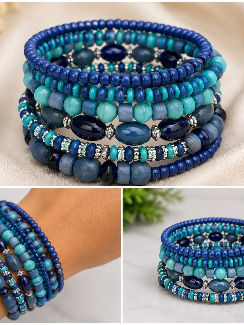 Blue & Teal Multi-Strand Beaded Bracelet Set - Women Jewelry